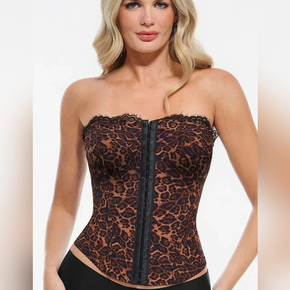 Shapewear Sculpting Leopard Mesh Detachable Strap Corset Top SIZE large